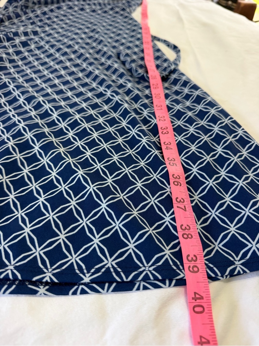 Y2K Express Blue Geometric Cowl Neck Dress Office fit &flare Grandmillennial 7/8 - Picture 6 of 7